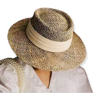 Two Tone Wide Brim Pork Pie Weave Straw Sun Boater Hat - NEW